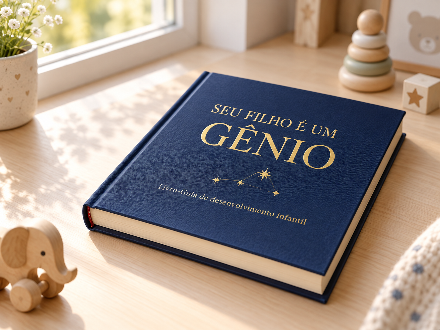 Apresentação ilustrativa do Livro-Guia Seu Filho é um Gênio, com capa azul e título dourado